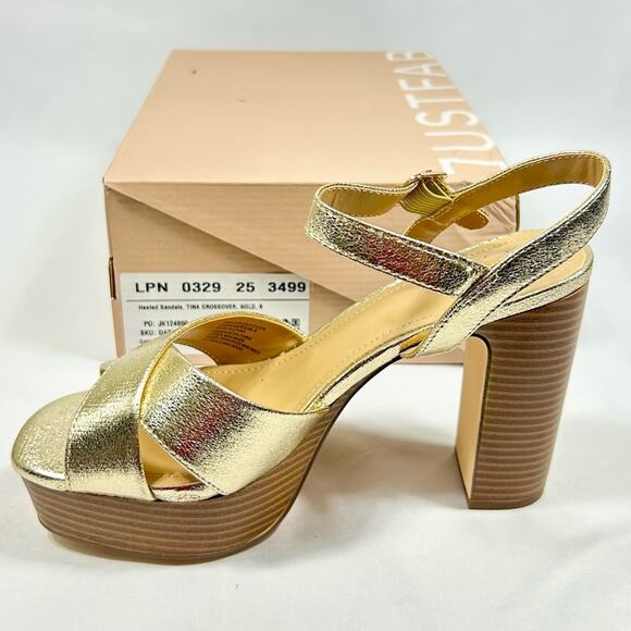 NWT JustFab Tina Crossover Womens Heeled Platform Ankle Strap Sandal, Gold, 8 - Picture 1 of 7